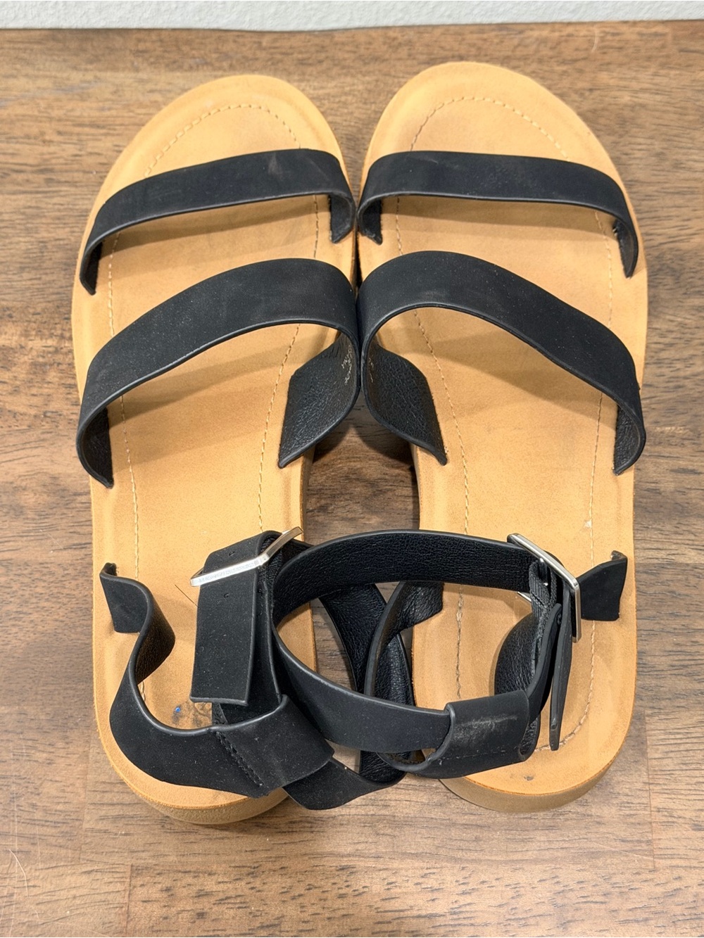 Women’s Black Strappy Sandals with Tan Footbed